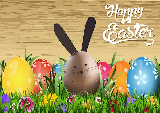 Biglietto di auguri di buona Pasqua con coniglietto e uova di Pasqua colorate