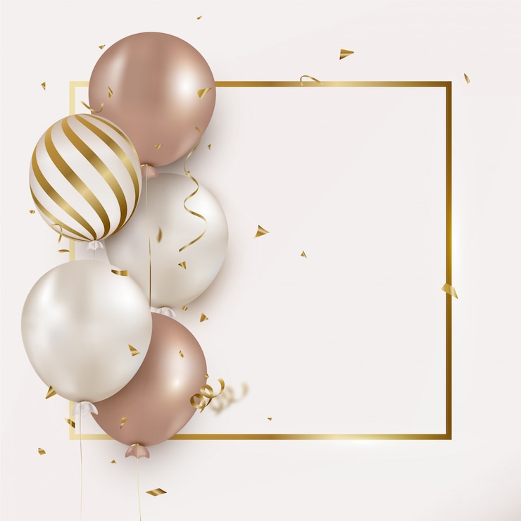 Vettore biglietto di auguri di compleanno con palloncini ad elio, coriandoli volanti su bianco.