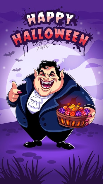 Biglietto di auguri di Halloween con un vampiro Dracula sorridente che tiene in mano un cesto di dolci Sfondo notturno con luna e pipistrelli