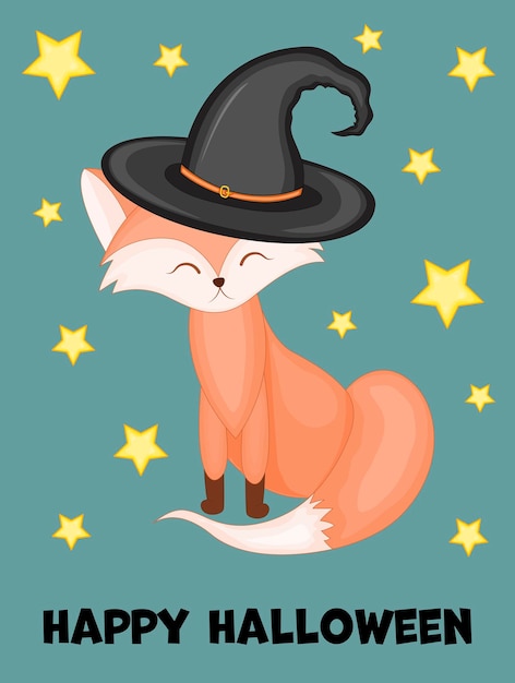 Biglietto di auguri di Halloween con volpe carina. Stile cartone animato. Illustrazione vettoriale.