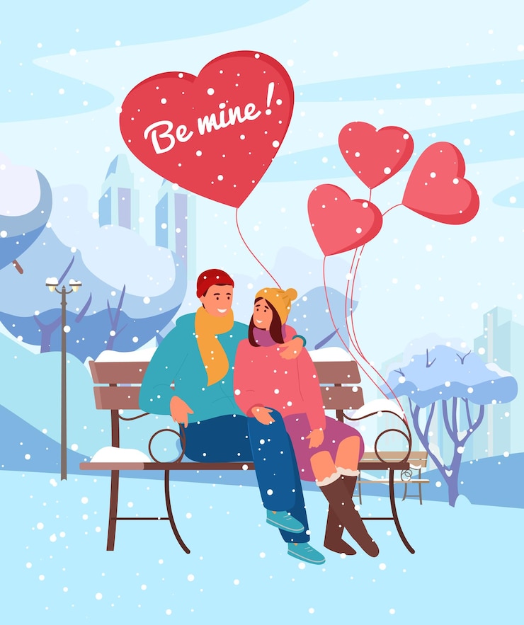 Vettore biglietto di auguri di san valentino. illustrazione di coppia in amore seduto in winter park sulla panchina innevata con palloncini a forma di cuore sotto la nevicata.