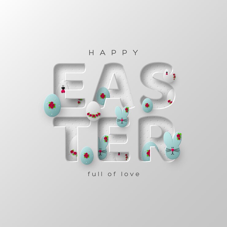 Biglietto di auguri per le vacanze di Pasqua. Lettere tagliate di carta 3d con uova, coniglietti e galline decorate con fiori.
