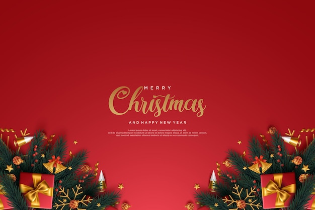 Biglietto di auguri realistico di natale e capodanno con regali e campane