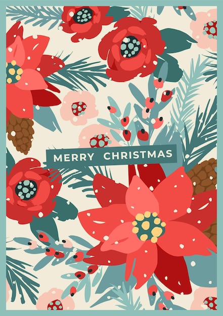 Biglietto di Natale e felice anno nuovo con albero di Natale bianco e fiori Modello di design vettoriale in stile retrò alla moda