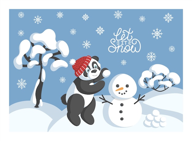 Biglietto invernale con panda con cappello rosso scolpito pupazzo di neve e testo "let it snow".