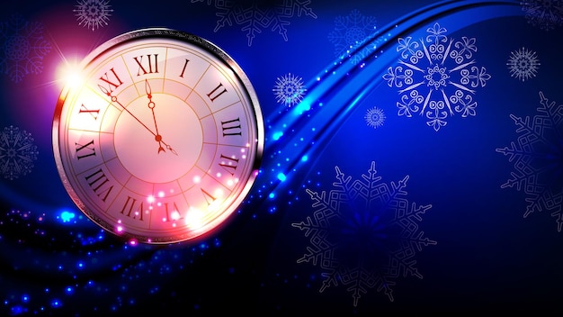 Biglietto natalizio blu con orologio rotondo con struttura in metallo e fiocchi di neve testurizzati in mosaico bianco