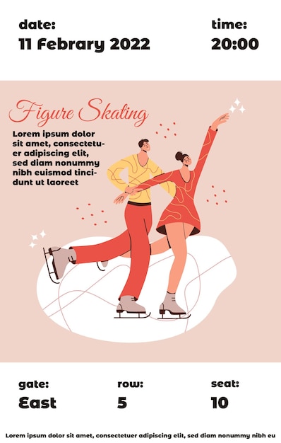 Biglietto per il pattinaggio di figura con illustrazione vettoriale piatta del fumetto di pattinatori di coppia in colori alla moda