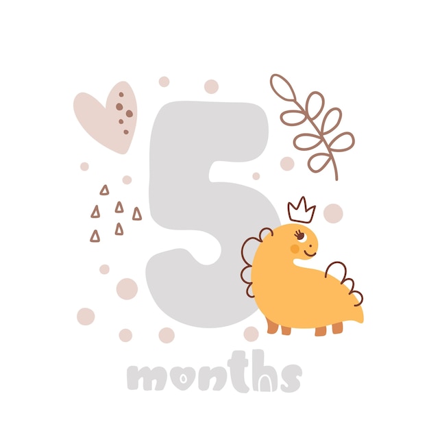 Biglietto per l'anniversario di 5 cinque mesi Stampa baby shower con simpatici animali dino e fiori che catturano tutti i momenti speciali