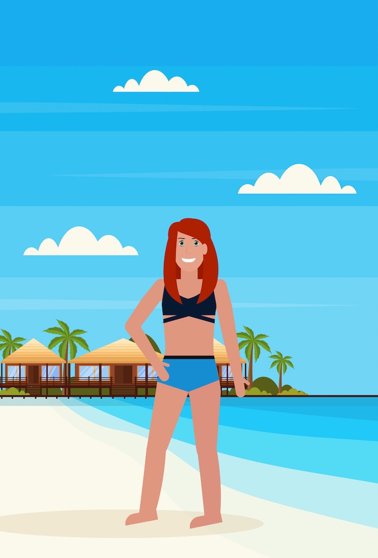Vettore bikini donna sull'isola tropicale con villa bungalow hotel sulla spiaggia mare palme verdi paesaggio piatto vacanze estive