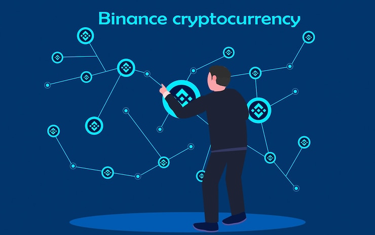 Vettore binance coin criptovaluta uomo d'affari che guarda e analizza il grafico di distribuzione blockchain