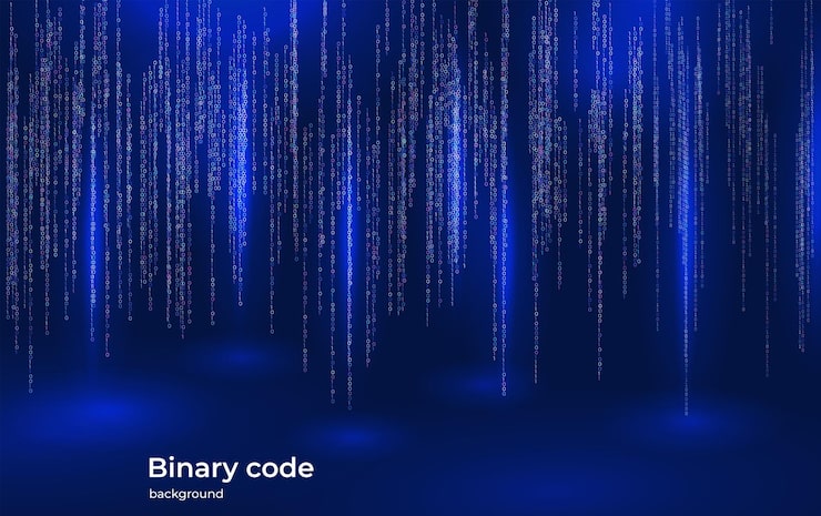 Vettore binary code digital rain background with glowing data streams abstract futuristic technology concept representing data flow artificial intelligence and cyber information network visualization