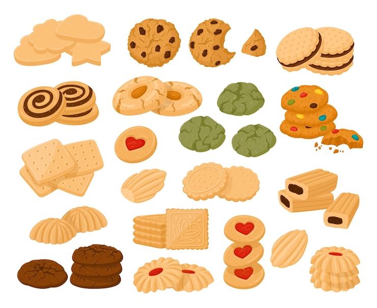Vettore biscotti cartoon biscotti fatti in casa al cioccolato e alla vaniglia gustoso prodotto da forno piatto vettore illustrazione set collezione di biscotti