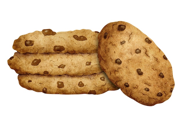 Biscotti con gocce di cioccolato Biscotti fatti in casa Concetto di cibo da forno Illustrazione ad acquerello Prodotto da forno