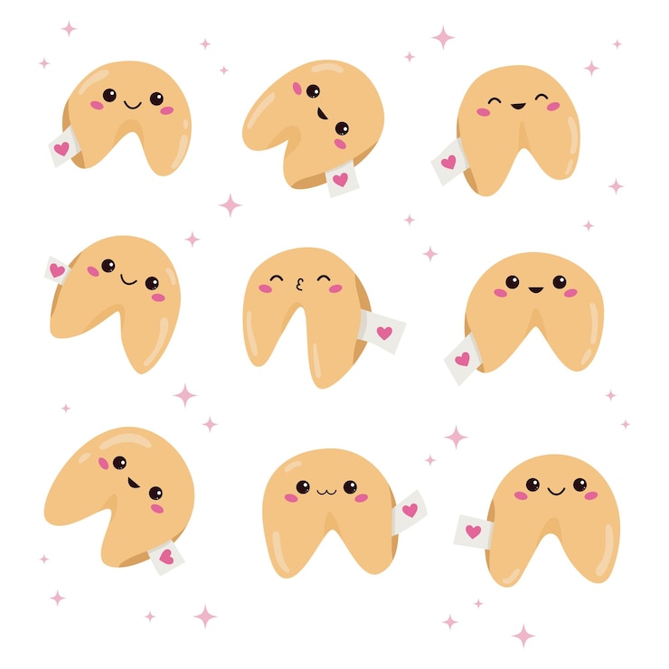 Vettore biscotti della fortuna kawaii con facce buffe
