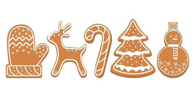 Biscotti di pan di zenzero con guanto, albero di Natale, cervo, bastoncino di zucchero, pupazzo di neve.