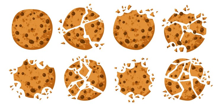 Biscotti fragili, briciole e pezzi di biscotti croccanti americani rotti con gocce di cioccolato, torte sbriciolate di zucchero, insieme di vettore di cracker dolci