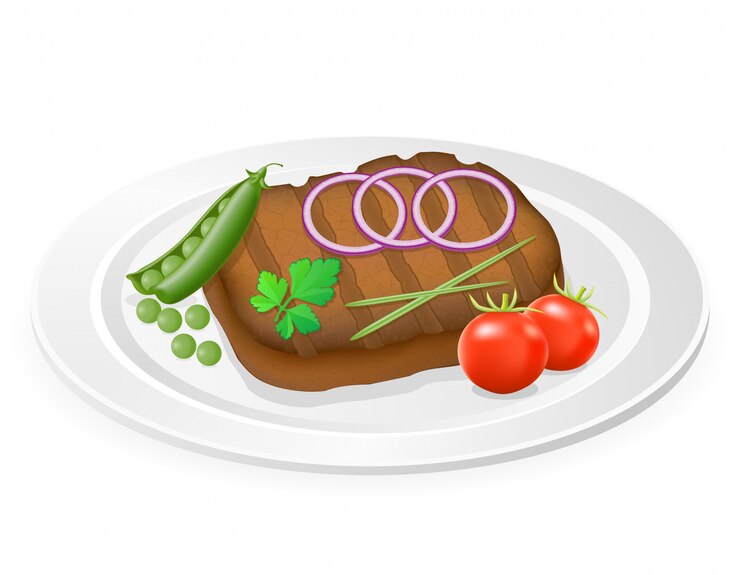 Vettore bistecca alla griglia con verdure su un piatto.