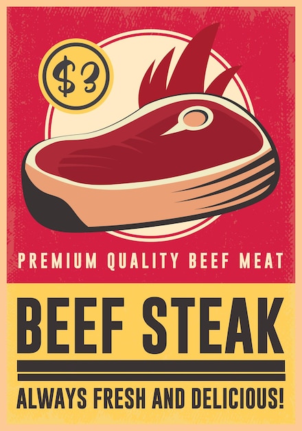 Bistecca di manzo vintage cartello post retor poster modello vettoriale