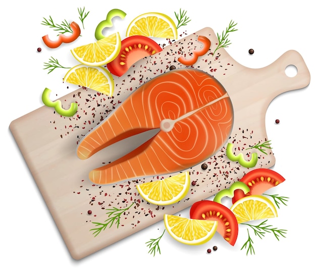Bistecca di pesce rosso salmone su tagliere di legno con fette di pepe e pomodoro al limone e illustrazione realistica della vista dall'alto di vettore di erbe piccanti Composizione di cucina di pesce fresco per banner web ricetta menu