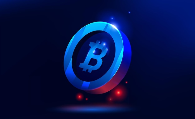 Bitcoin al neon su sfondo scuro Blockchain di criptovaluta Trasmissione ed elaborazione dati Dig