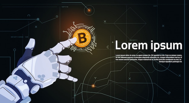 Bitcoin Crypto Currency Concept Robot Hand Touching Golden Bit Coin Tecnologia di estrazione del denaro Web digitale