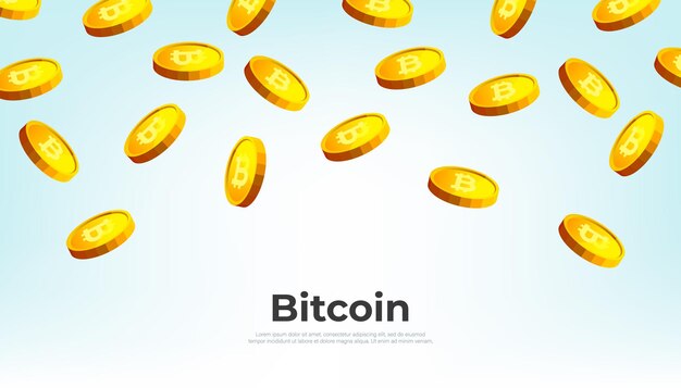 Bitcoin d'oro che cadono dal cielo. Priorità bassa dell'insegna di concetto di criptovaluta Bitcoin.