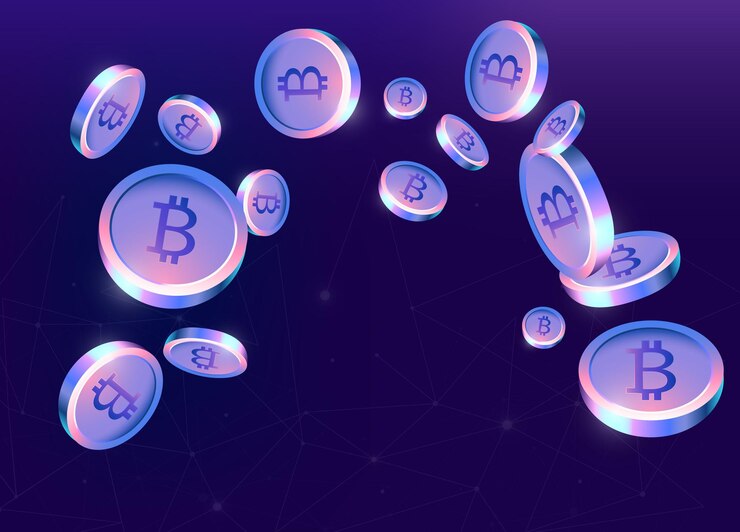 bitcoin viola realistici su sfondo blu scuro illustrazione vettoriale