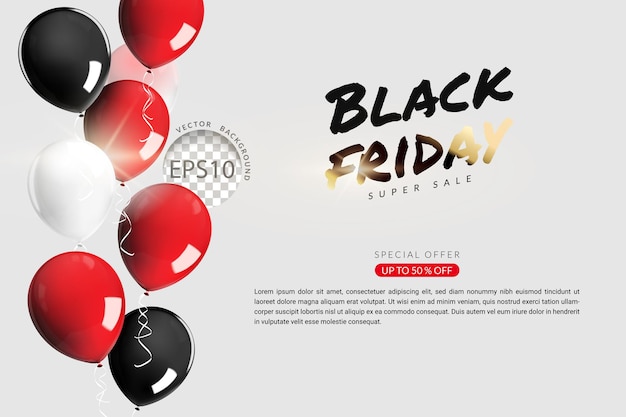 Black Friday super sale concept palloncino bianco e nero rosso con corda galleggiante su sfondo bianco layout orizzontale 3d illustrazione vettoriale realistica