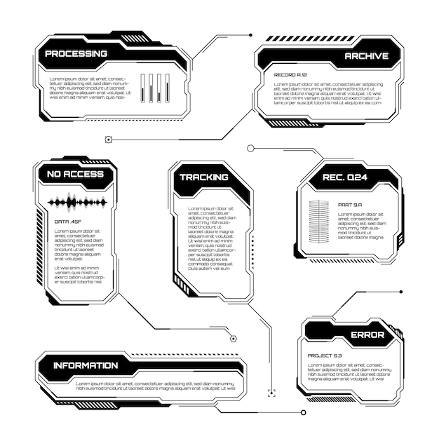 Black futuristic hud ui elementi scifi interfaccia utente caselle di testo callouts warning message frames