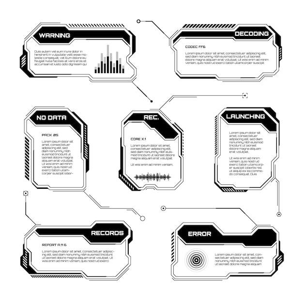 Black futuristic hud ui elementi scifi interfaccia utente caselle di testo callouts warning message frames