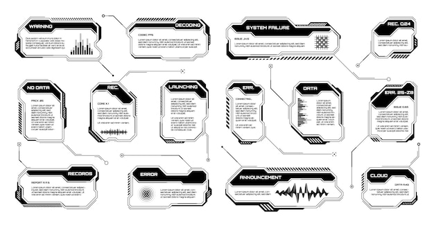 Black futuristic hud ui elementi scifi interfaccia utente caselle di testo callouts warning message frames
