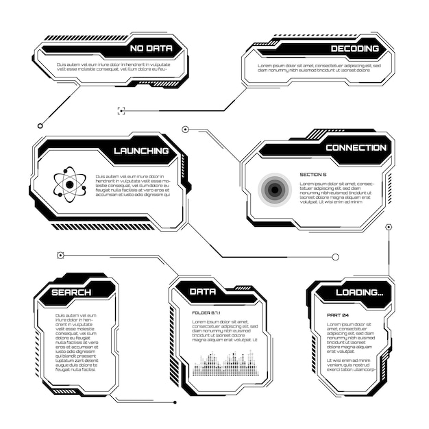 Black futuristic hud ui elementi scifi interfaccia utente caselle di testo callouts warning message frames
