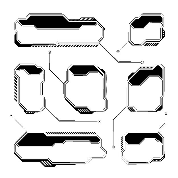 Black futuristico HUD o elementi UI Scifi interfaccia utente caselle di testo callouts Warning message frames caselle di informazioni modello Moderno layout dell'interfaccia del gioco in stile digitale Illustrazione vettoriale