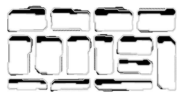 Black futuristico HUD o elementi UI Scifi interfaccia utente caselle di testo callouts Warning message frames caselle di informazioni modello Moderno layout dell'interfaccia del gioco in stile digitale Illustrazione vettoriale