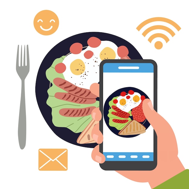 Blog sulla condivisione di foto di cibo sui social network Piatto con pasto vista superiore a mano scattare foto su smartphone cucina contenuti multimediali blogger concetto di cartone animato vettoriale piatto
