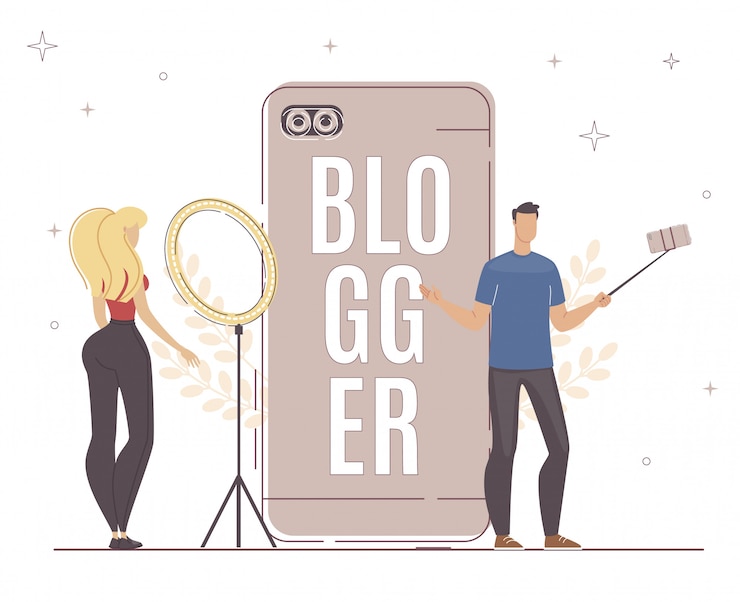 Vettore blogger utilizza diversi dispositivi smartphone, luce.
