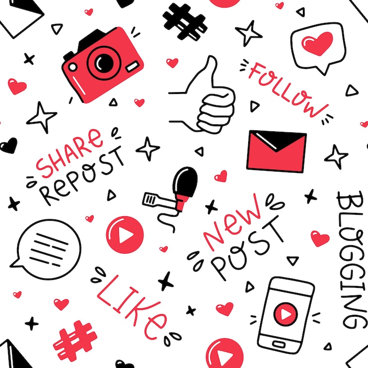 Vettore blogging e social network seamless pattern in stile doodle