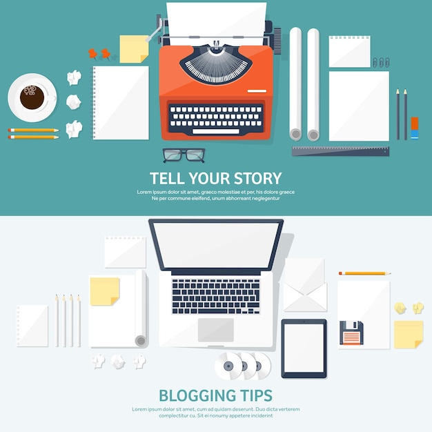 Blogging su Internet illustrazione vettoriale web blog storia con autore portatile con macchina da scrivere posto di lavoro