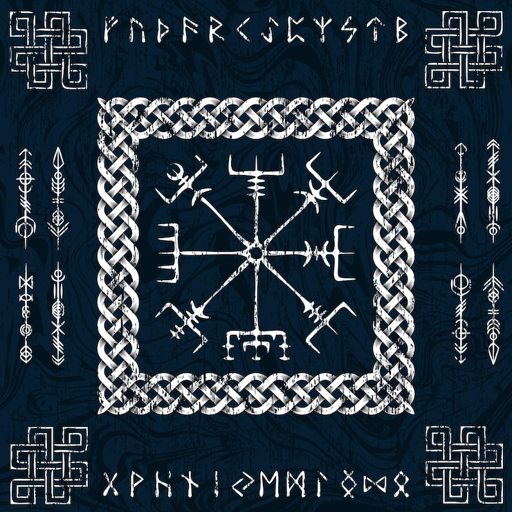 Vettore blu vegvisir vichingo sfondo simboli scandinavi