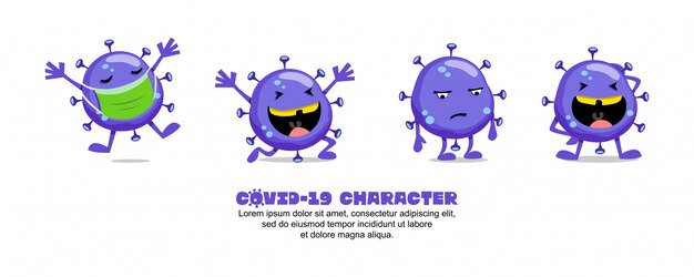 Blue Covid-19. Coronavirus disegno di ispirazione del fumetto. maschera, felice, triste e ridere