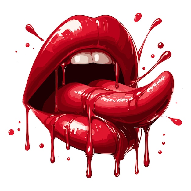 Bocca di donna vettoriale aperta con labbra rosse lucide e vernice liquida che scorre
