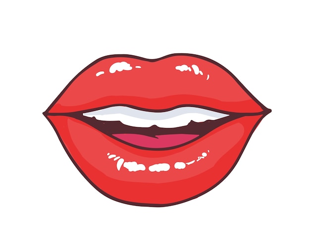 Bocca leggermente socchiusa con labbra lucide rosse luminose isolate su sfondo bianco. Grazioso simbolo di amore, bacio, passione e desiderio. Elemento di design romantico glamour. Illustrazione di vettore del fumetto di fumetti.