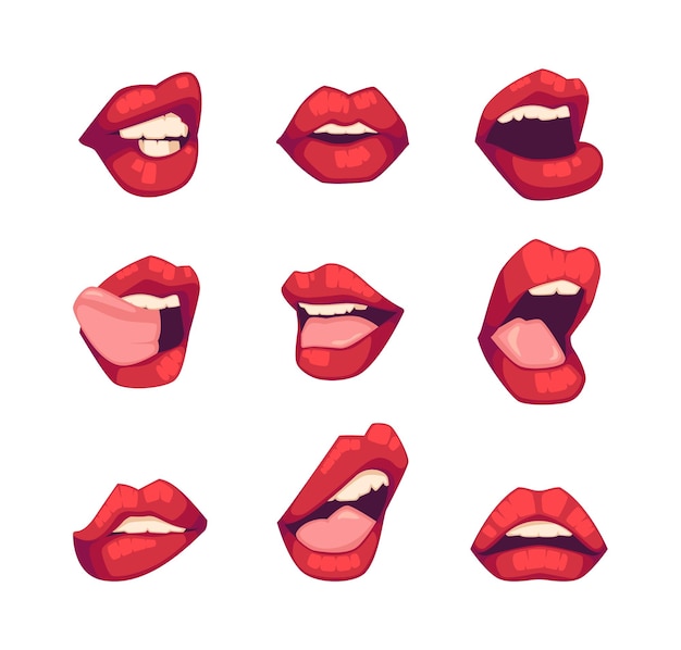 Bocche femminili con set di rossetto rosso brillante Labbra donna Pensieroso Sorpreso Espressioni tristi Set di icone Illustrazione vettoriale