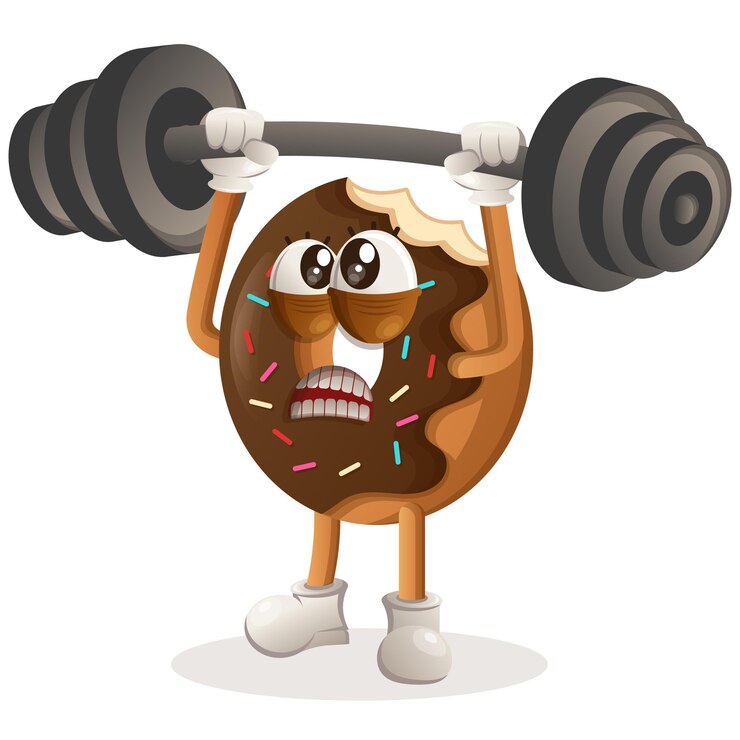 Vettore bodybuilding carino mascotte ciambella con bilanciere