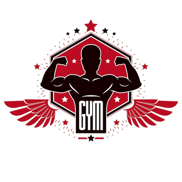Bodybuilding sollevamento pesi palestra logo club sportivo, emblema vettoriale stilizzato retrò o distintivo con le ali. Con silhouette sportiva.