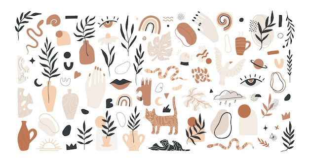 boho chic tropicale illustrazioni astratte disegnate a mano ed elementi clipart per piante di design grafico
