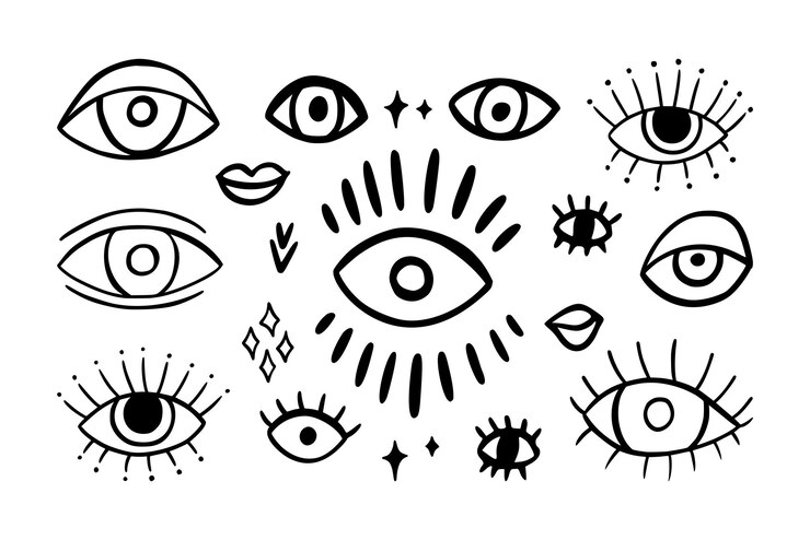 Boho evil eye line drawing silhouette set disegnato a mano occhio mistico in stile linocut icona di design occulto