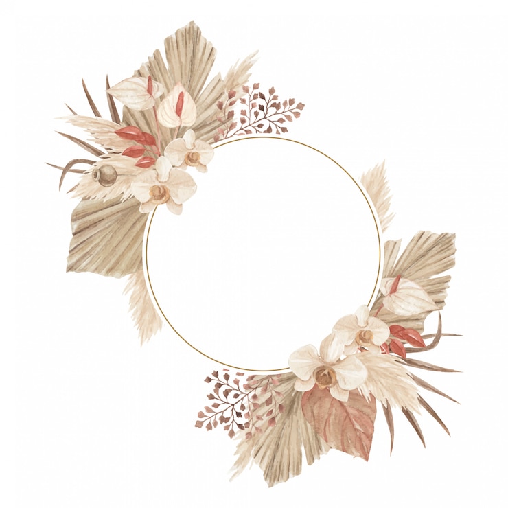 Vettore boho pampas grass frame con lancia di palma, calla e orchidea, perfetto per biglietti di auguri, inviti e qualsiasi altro design