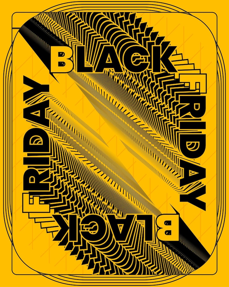 Vettore bold black friday ad design con testo scaglionato e motivo di skyline urbano