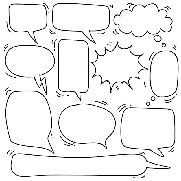 Bolla di discorso disegnata a mano in stile doodle isolato su sfondo bianco, tema di discorso di bolla impostato di vettore disegnato a mano. Illustrazione vettoriale